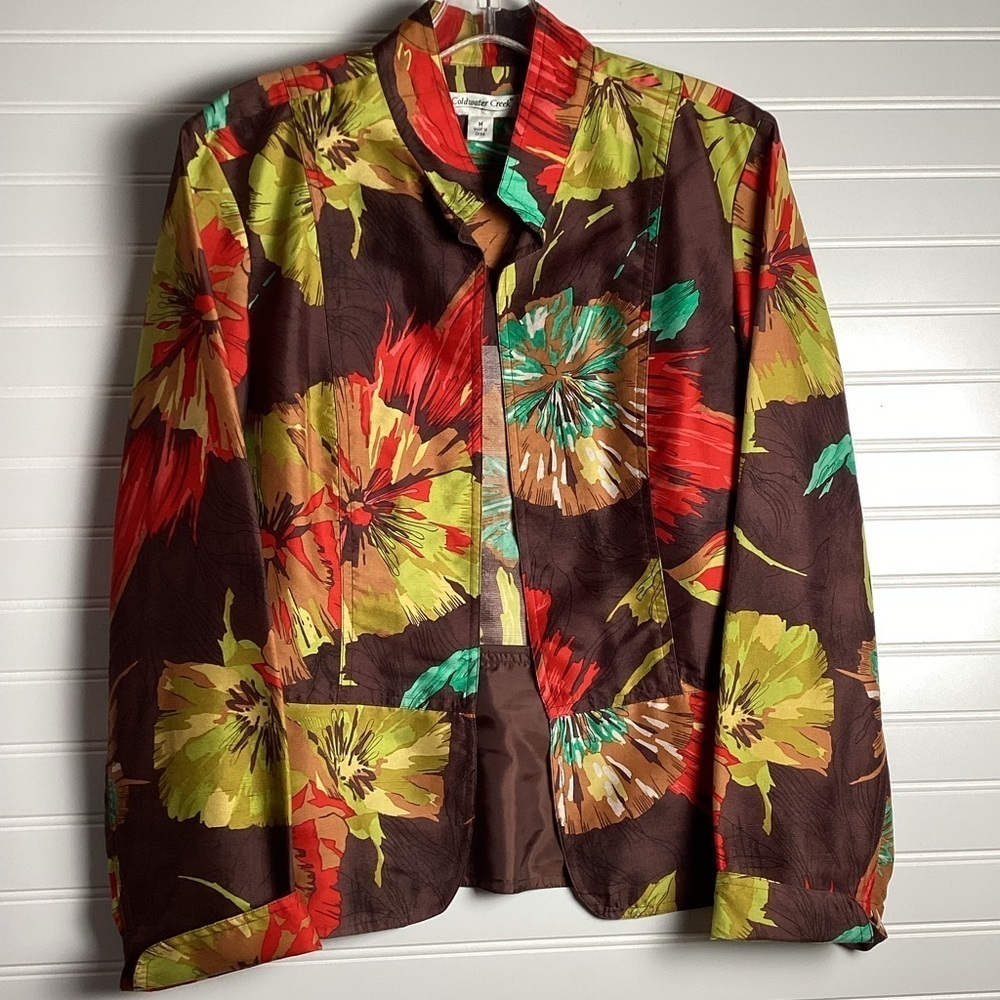Coldwater Creek  bright Multi-colored 100% Silk Open Front  Jacket  size Medium